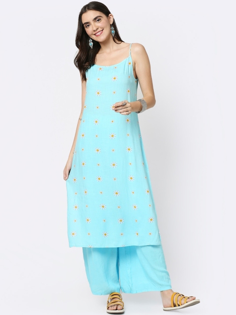 

Bewakoof Women Blue & Off-White Printed Kurta with Palazzos