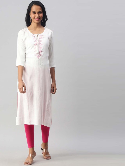 

Soch Women White & Pink Striped Tie-up Neck Thread& Mirror Work Kurta