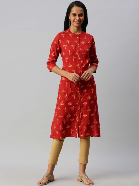 

Soch Women Red & Beige Geometric Print Straight Kurta