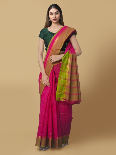 

Unnati Silks Pink & Green Pure Cotton Checked Mangalagiri Handloom Saree