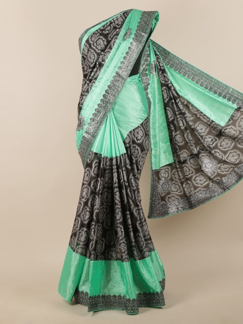 

Pothys Black & Green Jute Silk Printed Saree