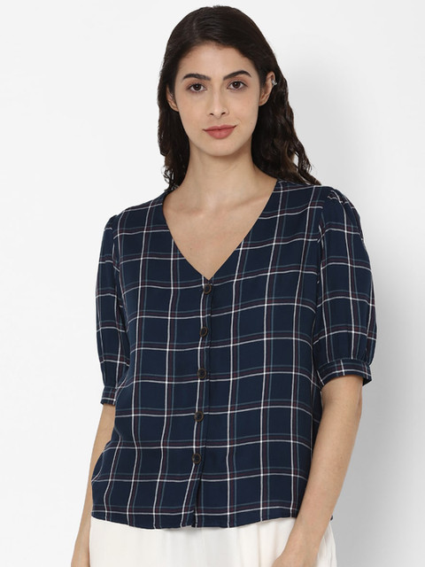 

Allen Solly Woman Navy Blue & White Checked Regular Top