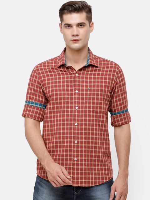 

CAVALLO by Linen Club Men Rust Red & Beige Regular Fit Checked Casual Shirt