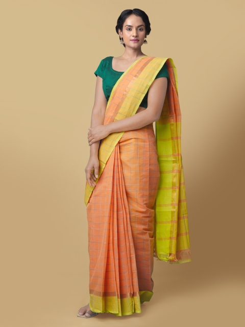 

Unnati Silks Orange & Green Pure Cotton Checked Mangalagiri Saree