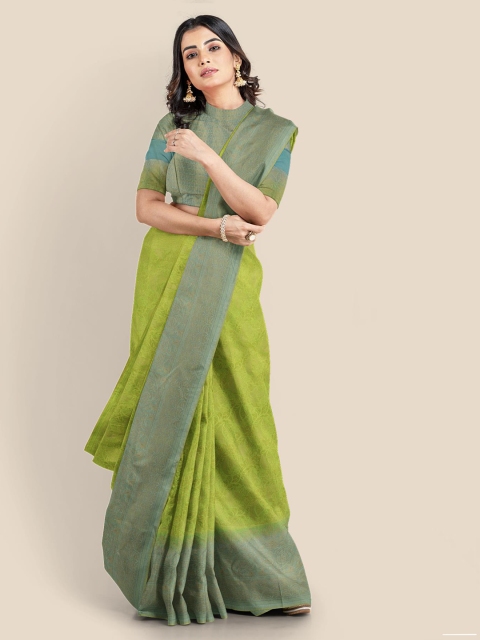 

KLM Fashion Mall Green & Blue Woven Design Silk Blend Banarasi Saree