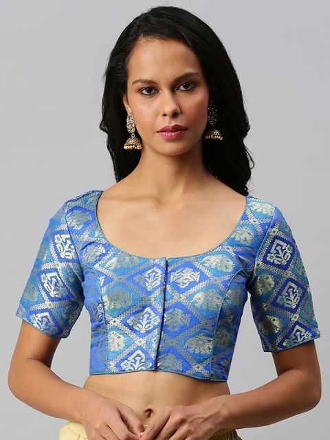 

Soch Women Blue & Silver-Colored Woven-Design Art Silk Saree Blouse