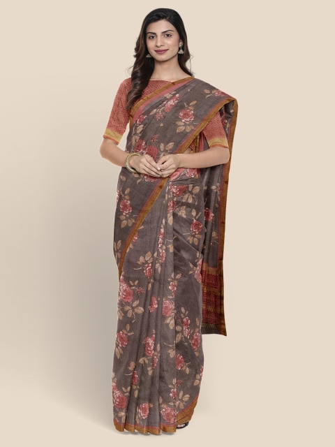 

KLM Fashion Mall Taupe & Rust Red Floral Printed Linen Blend Banarasi Saree