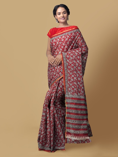 

Unnati Silks Red & White Pure Cotton Printed Bagru Saree