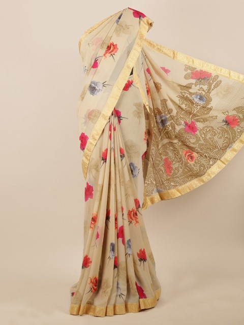 

Pothys Cream-Coloured & Red Floral Print Saree