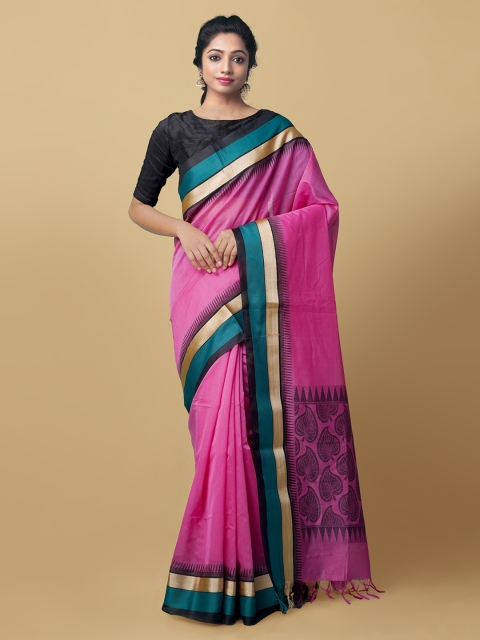 

Unnati Silks Pink & Gold-Toned Silk Cotton Solid Baluchari Saree