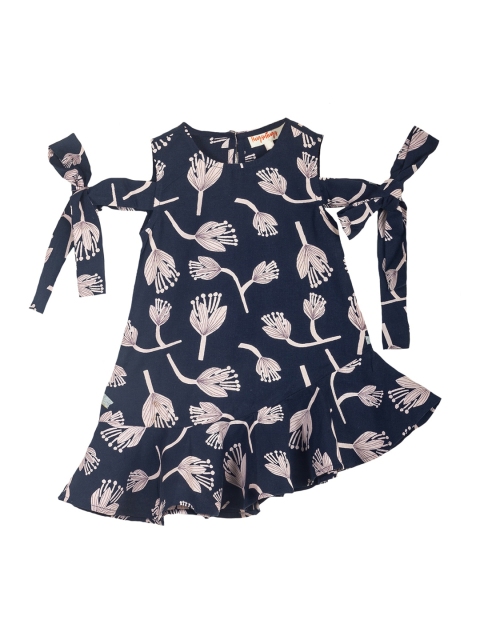 

Hugsntugs Girls Navy Blue & Off-White Cold-Shoulder Printed A-Line Dress
