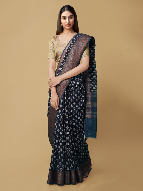 

Unnati Silks Navy Blue & White Silk Cotton Printed Maheshwari Saree