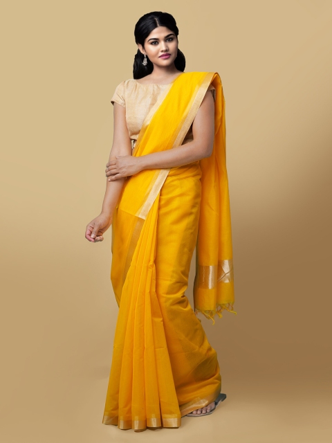 

Unnati Silks Yellow Silk Cotton Solid Baluchari Saree