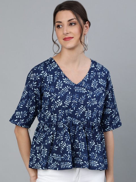 

Nayo Navy Blue & White Floral Printed Pure Cotton A-Line Top