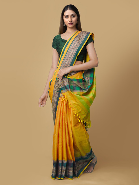 

Unnati Silks Yellow & Green Pure Cotton Solid Handloom Narayan Peth Saree