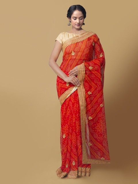 

Unnati Silks Red Pure Chiffon Printed Bandhani Saree
