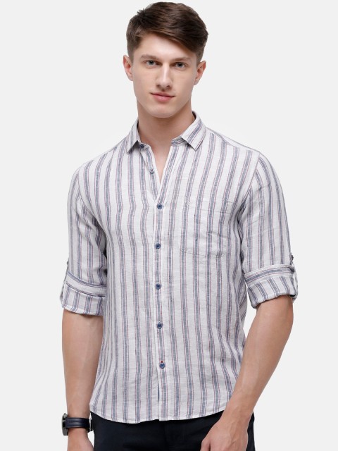 

Linen Club Men Off White & Navy Blue Linen Regular Fit Striped Casual Shirt