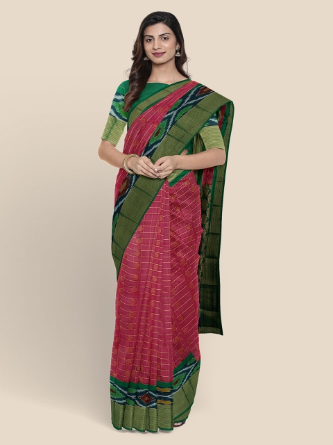 

KLM Fashion Mall Pink & Orange Checked Chanderi Saree