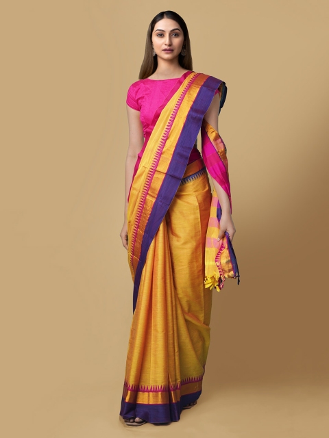 

Unnati Silks Mustard Yellow Pure Cotton Solid Handloom Narayan Peth Saree