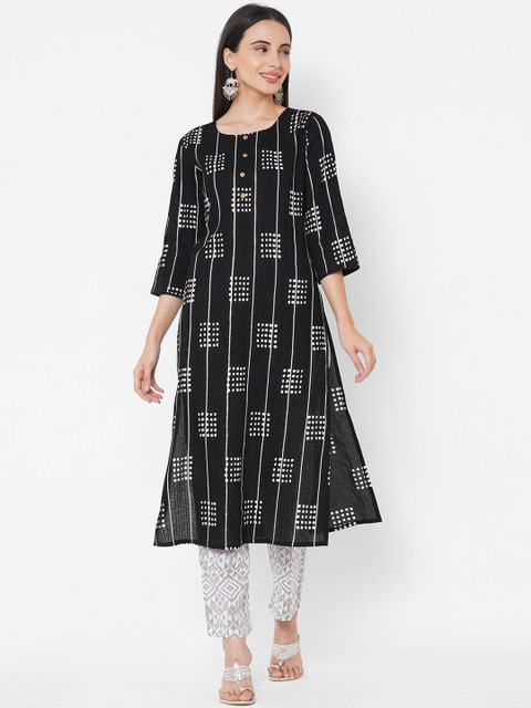 

FASHOR Women Black & White Printed Kurta with Trousers