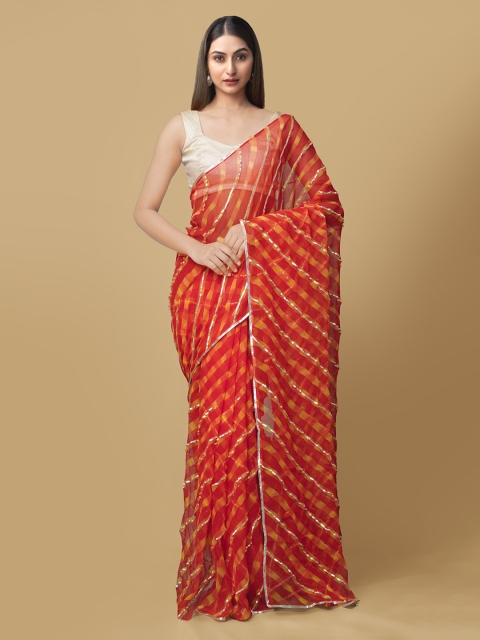

Unnati Silks Red Striped Gota Patti Bhagalpuri Saree