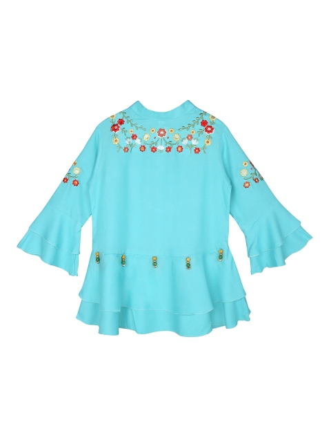 

Ishin DESIGNER STUDIO Girls Blue Floral Embroidered Bell Sleeves Peplum Top