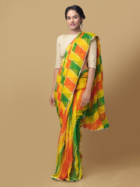 

Unnati Silks Green & Yellow Pure Chiffon Woven Design Bhagalpuri Saree