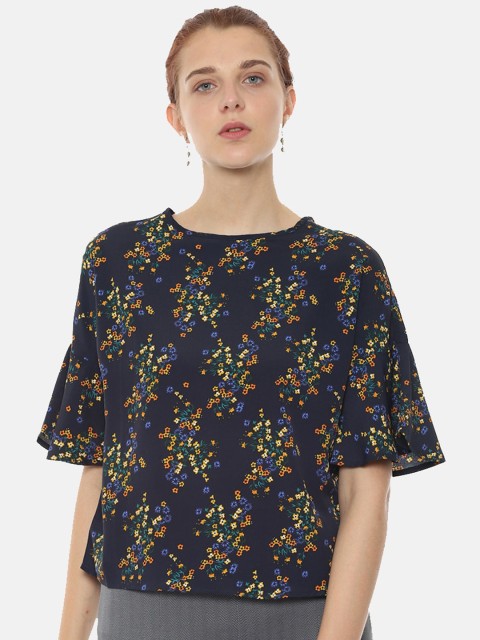 

Van Heusen Woman Navy Blue & Yellow Floral Printed Flared Sleeves Regular Top