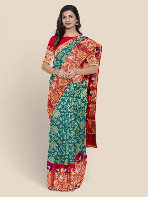 

KLM Fashion Mall Teal Green & Red Silk Blend Printed Kanjeevaram Saree