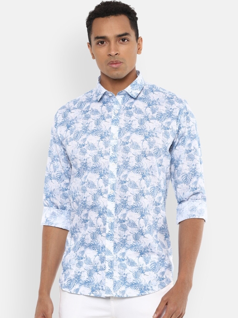 

V Dot Men Blue & White Pure Cotton Slim Fit Printed Casual Shirt