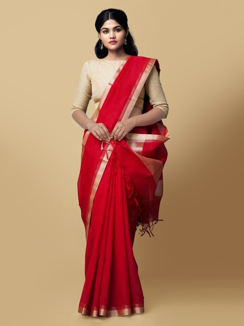 

Unnati Silks Red Silk Cotton Solid Handloom Baluchari Saree