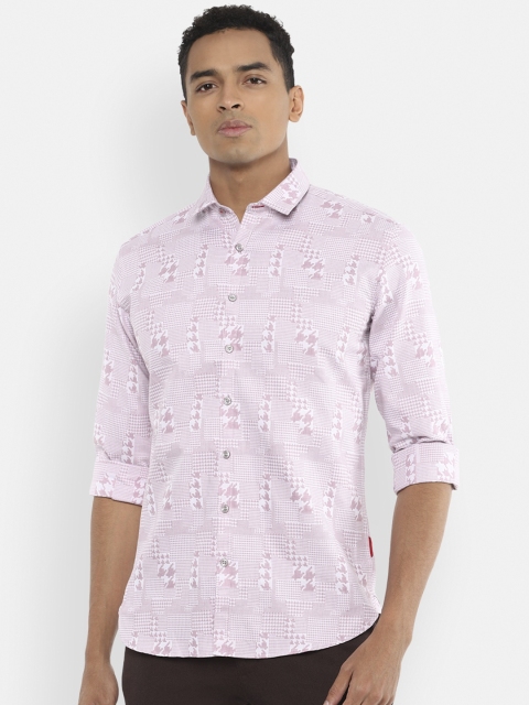 

V Dot Men White & Pink Pure Cotton Slim Fit Printed Casual Shirt