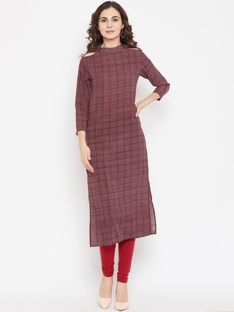 

Cottinfab Women Burgundy Checked Straight Kurta