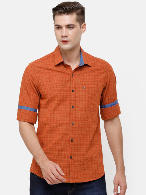 

CAVALLO by Linen Club Men Rust Orange & Beige Regular Fit Checked Casual Shirt