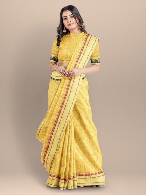 

BharatSthali Yellow Silk Cotton Solid Maheshwari Saree