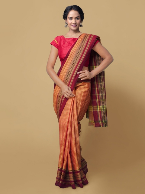 

Unnati Silks Orange Pure Cotton Checked Chettinad Saree