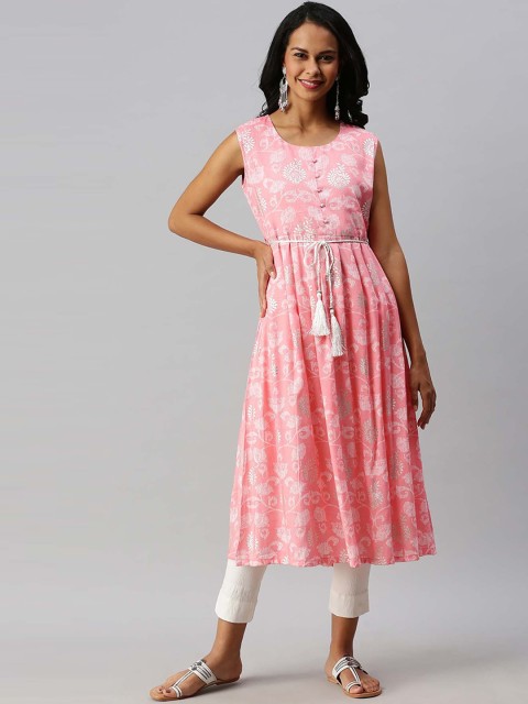 

Soch Women Pink & White Ethnic Motifs Print Gathered Sleeveless A-Line Kurta with Belt