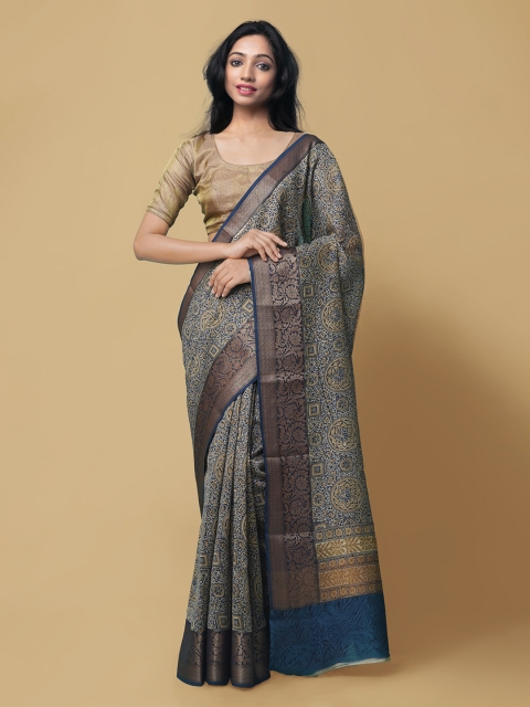 

Unnati Silks Blue & Gold-Toned Silk Cotton Printed Maheshwari Saree