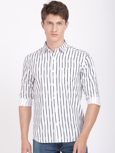 

ANTHEM Men White & Navy Blue Cotton Slim Fit Striped Casual Shirt