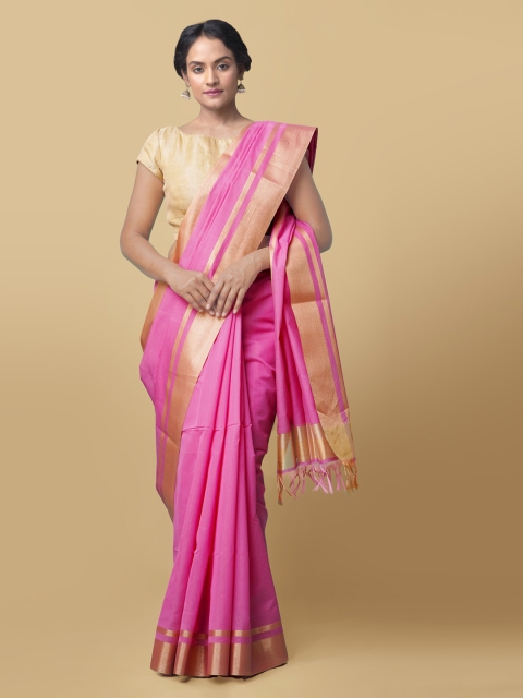 

Unnati Silks Pink Silk Cotton Solid Baluchari Saree