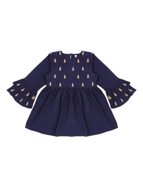 

Ishin DESIGNER STUDIO Girls Navy Blue Floral Embroidered Bell Sleeves A-Line Top