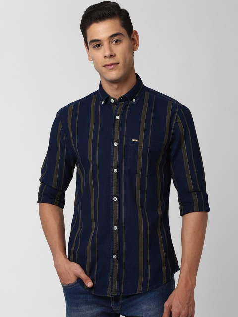 

Peter England Casuals Men Navy Blue & Olive Green Slim Fit Striped Casual Shirt
