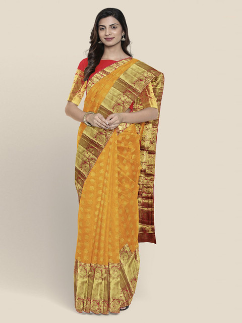

KLM Fashion Mall Mustard Yellow & Golden Woven Design Kanjeevaram Saree