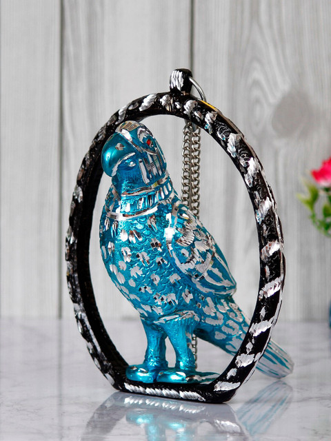 

eCraftIndia Blue & Silver-Toned Metal Carved Parrot Decorative Hanging Showpiece With Chain