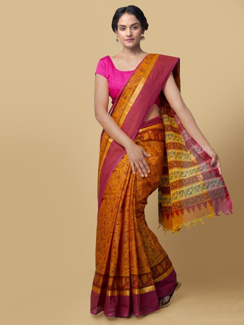 

Unnati Silks Mustard Orange & Red Pure Cotton Printed Handloom Mangalagiri Saree