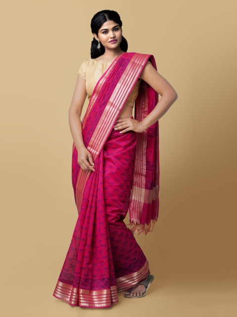 

Unnati Silks Pink & Blue Printed Handloom Chanderi Saree