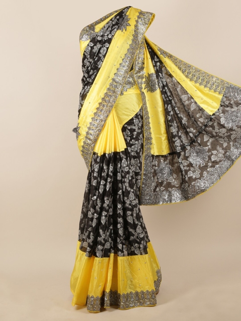 

Pothys Yellow & Black Leaf Print & Embellished Saree