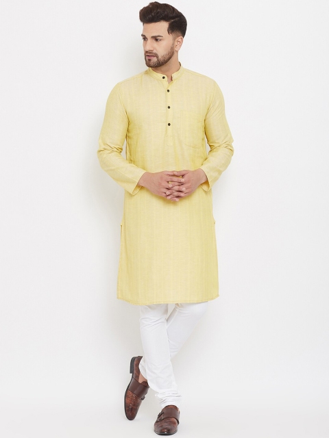 

even Men Yellow Striped Pure Linen Kurta