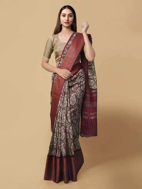 

Unnati Silks Maroon & Beige Silk Cotton Printed Maheshwari Handloom Saree