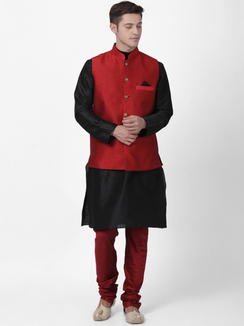 

TABARD Men Black & Red Solid Kurta with Churidar & Nehru Jacket